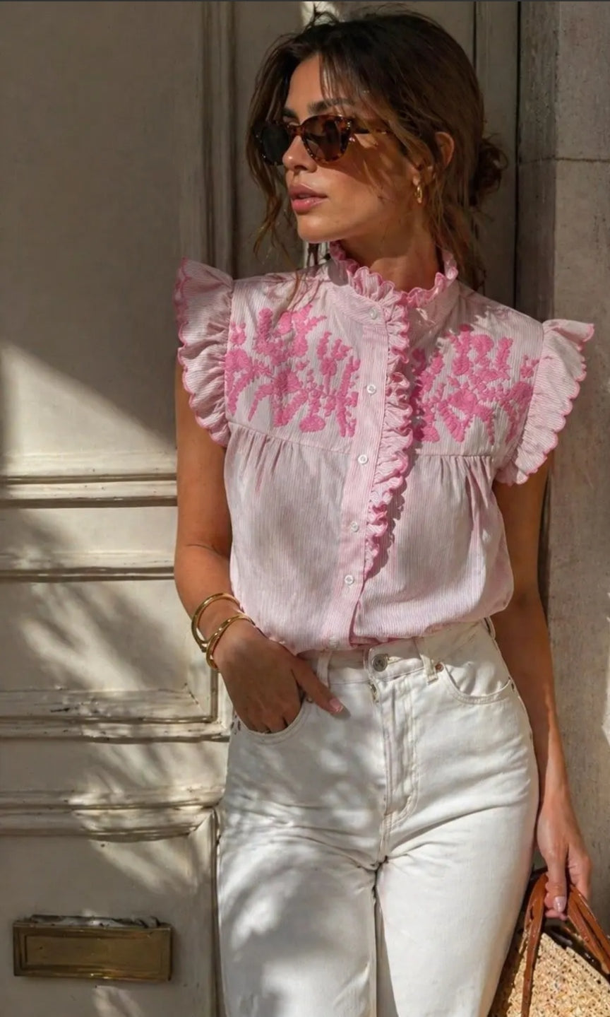 Chemise sans manches à fines rayures et col montant