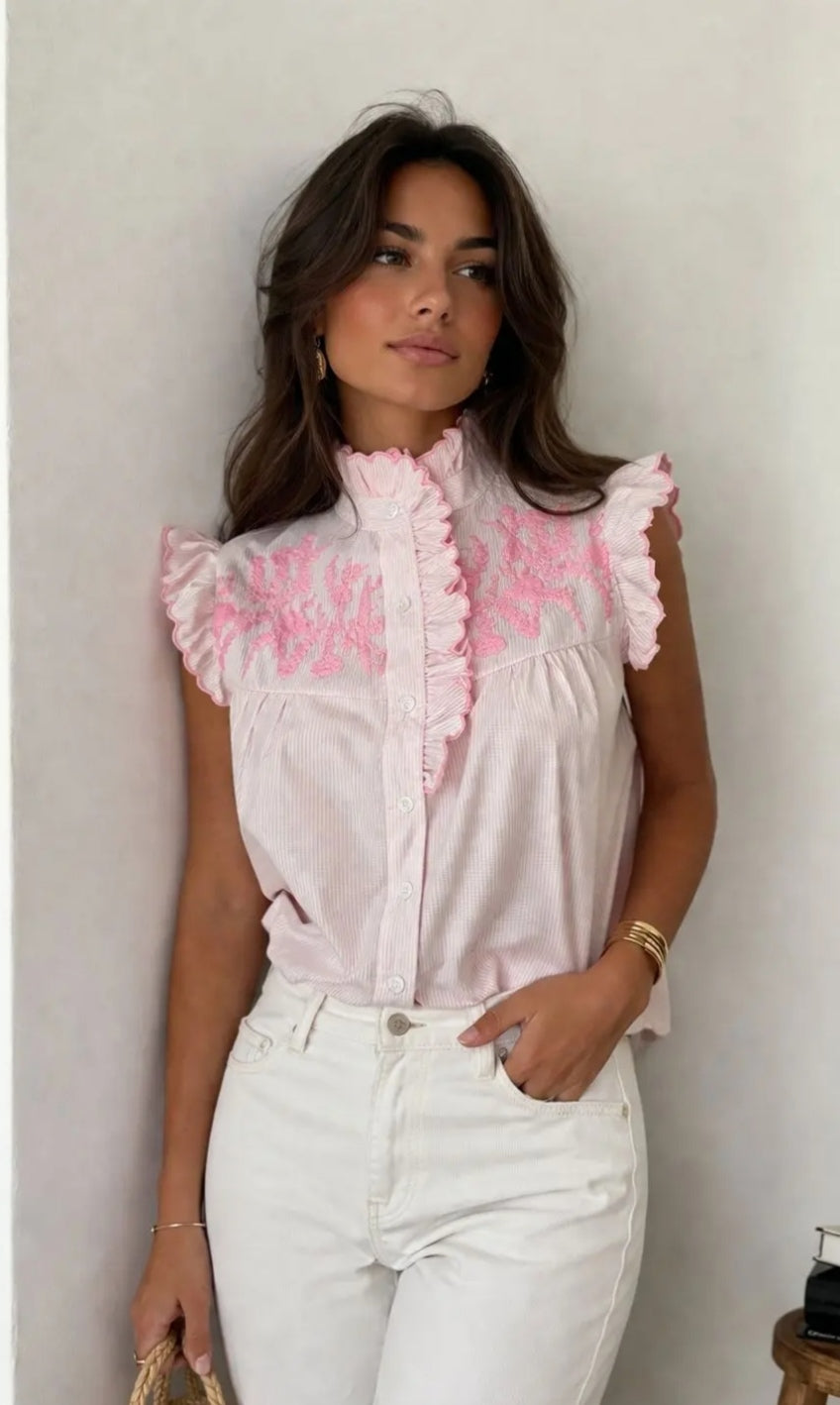 Chemise sans manches à fines rayures et col montant