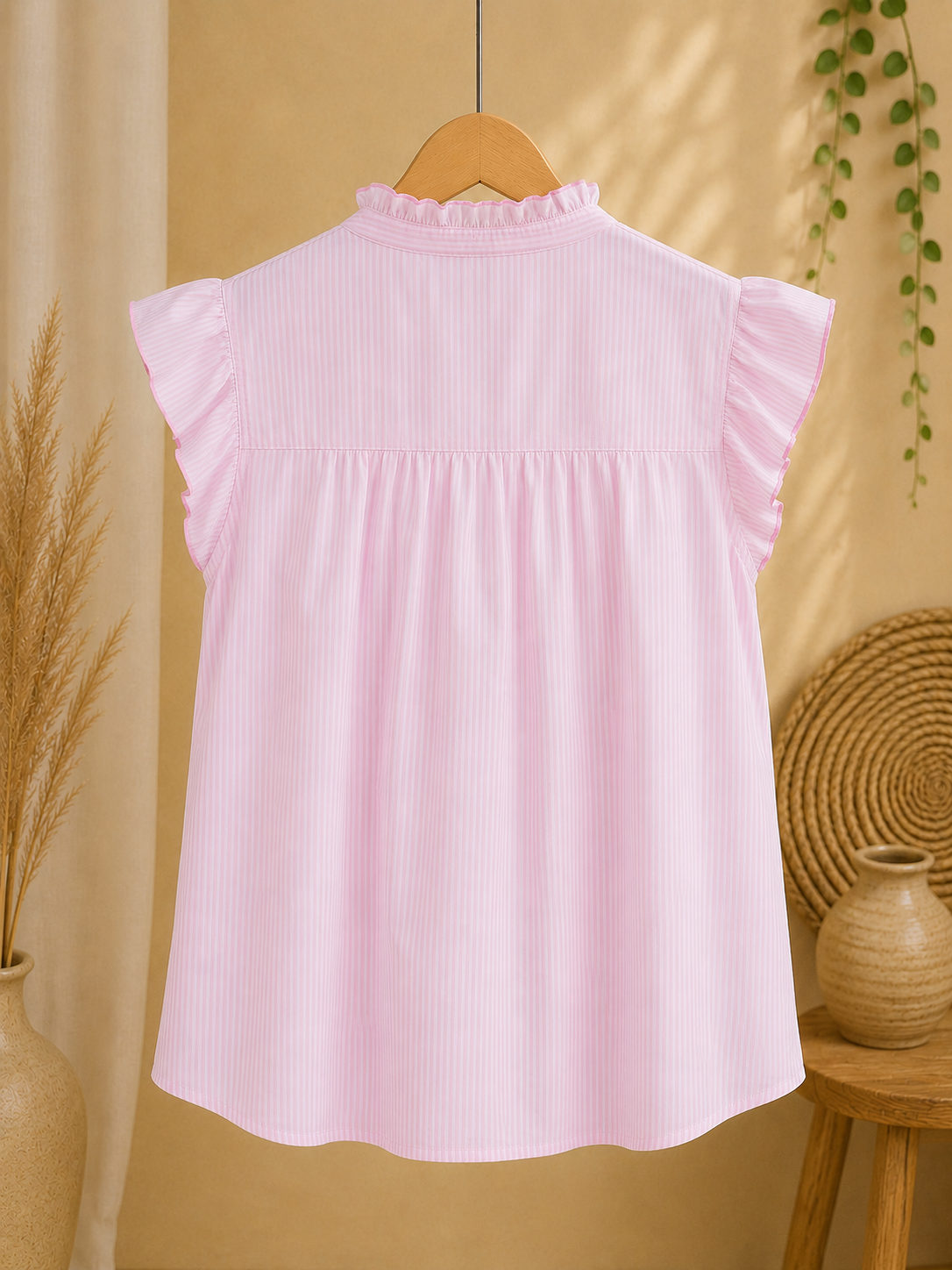 Chemise sans manches à fines rayures et col montant