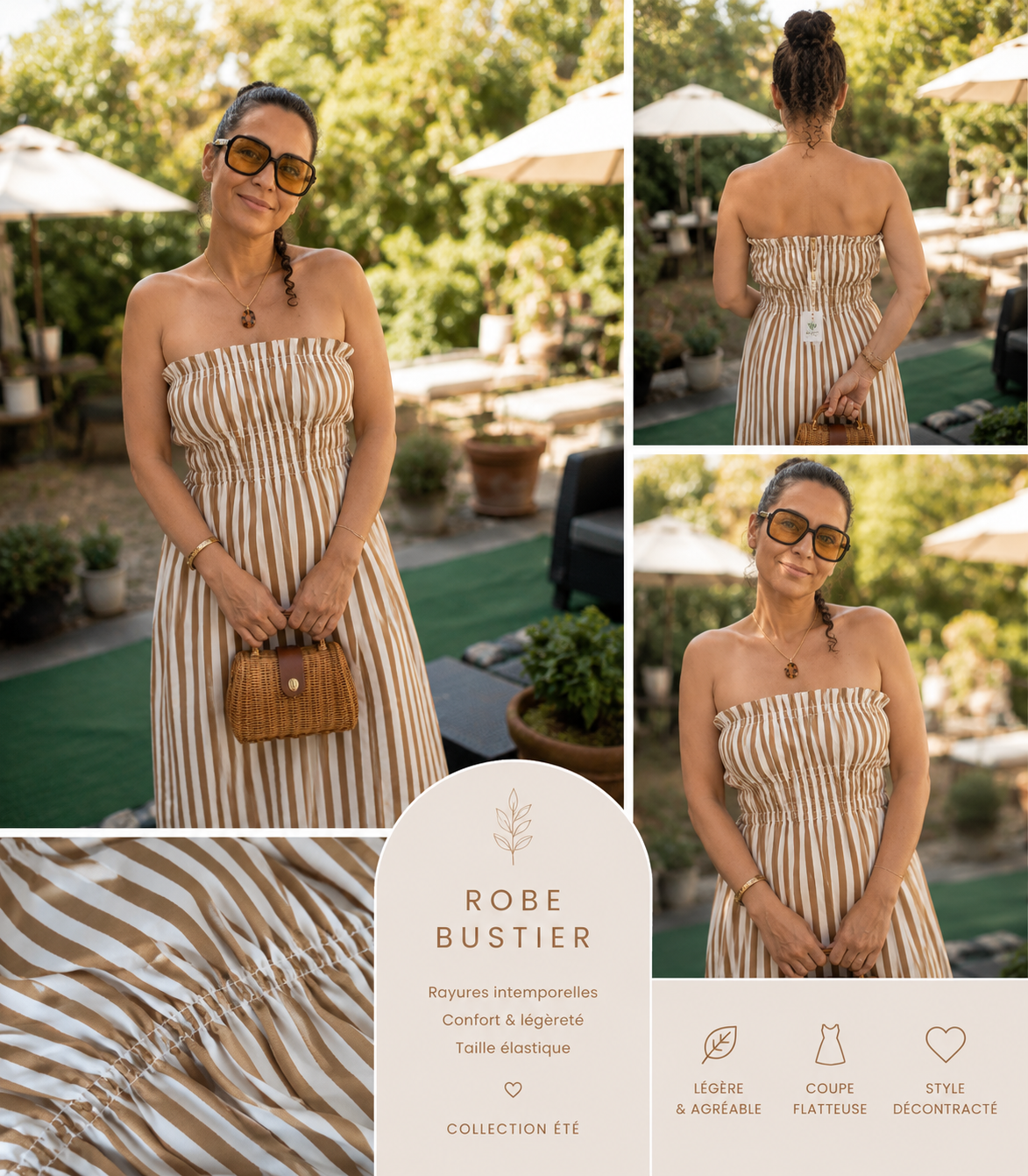 ROBE BUSTIER RAYÉE CAMEL & BLANC