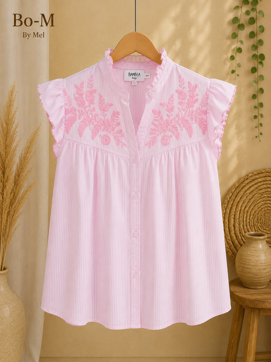 Chemise sans manches à fines rayures et col montant