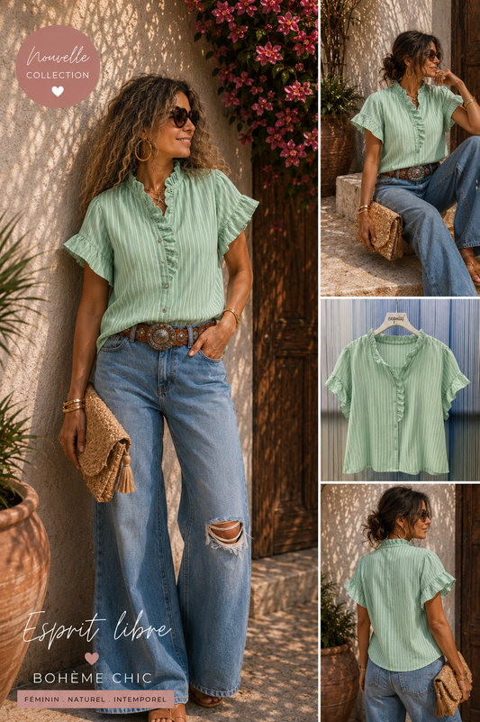 Chemise rayée col volanté – style chic estival