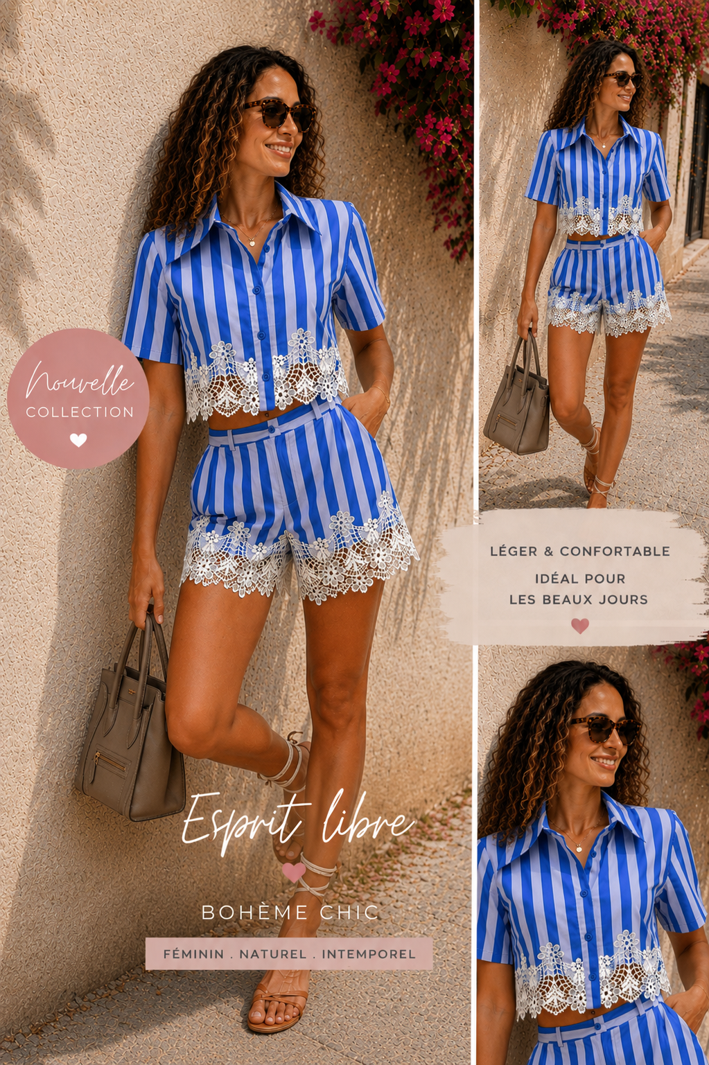 Ensemble chemise et short à rayures avec dentelle
