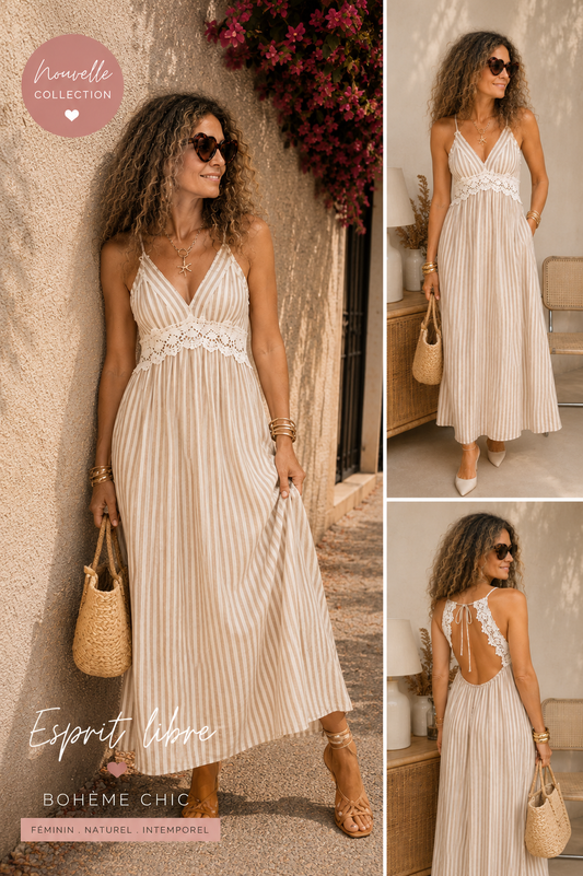 Robe longue dos nu rayé et crochet